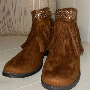 SO Girls 5M Raquel Ankle Boots Cognac Brown Zipper Fringe Rhinestones Faux Suede